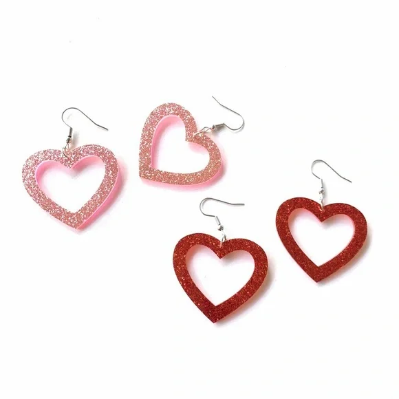 Glitter Heart Earrings - Pink or Red - Picture 1 of 3
